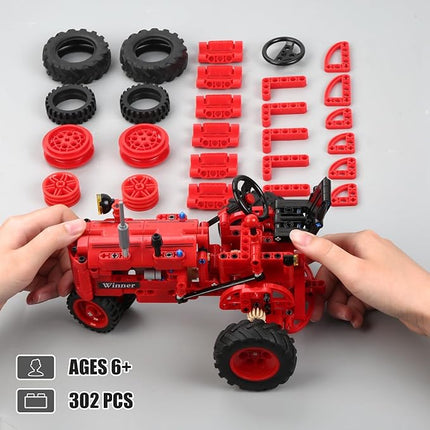 Classic 1/12 Red Tractor Building Blocks Set,Farm Tractor Building Kit Toy for Kids Ages 6+,STEM Educational Construction Kit for Kids 302 PCS with Shifting & Steering & Flip Hood Structure