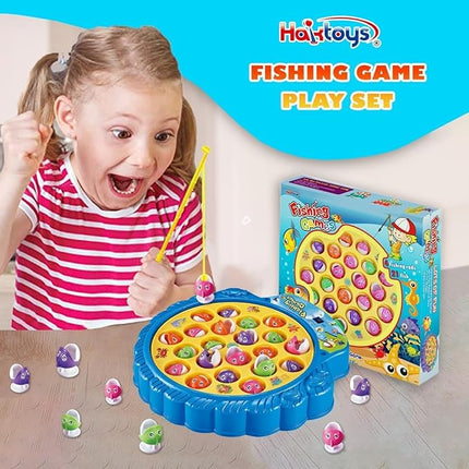 Haktoys Fishing Game Play Set Includes 21 Fish and 4 Fishing Poles on Rotating Board with Music On/Off Switch, Ocean Animal Sticker Book with Reusable Stickers | Board Game for 1-4 Players