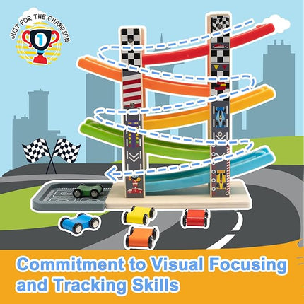 WOOD CITY Toddler Toys for 1 2 3 Years Old, Wooden Car Ramp Racer Toy Vehicle Set with 5/7 Mini Cars & Race Tracks, Montessori Toys Craft Gift for Toddlers Boys and Girls (ramp Racer-5 Layers)