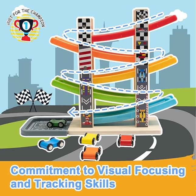 WOOD CITY Toddler Toys for 1 2 3 Years Old, Wooden Car Ramp Racer Toy Vehicle Set with 5/7 Mini Cars & Race Tracks, Montessori Toys Craft Gift for Toddlers Boys and Girls (ramp Racer-5 Layers)