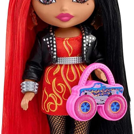 Barbie Extra Minis Doll & Accessories with Red & Black Hair Wearing Flame-Print Dress & Moto Jacket, 5.5-inch