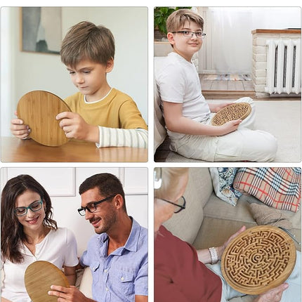Round Wooden Labyrinth Board Game - Marble Maze for Education and Fun, Toddler Activity Board, Brain Teaser Puzzle Logic Game with Two Metal Balls for Kids, Adults, Teens, Boys, and Girls