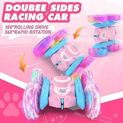 NQD Pink Remote Control Car for Girls, 360° Spin Flip RC Stunt Car with Flashing Wheel Lights 2 Batteries, Double Sided 4WD Off-Road RC Toy Gift for Girls Xmas Birthday