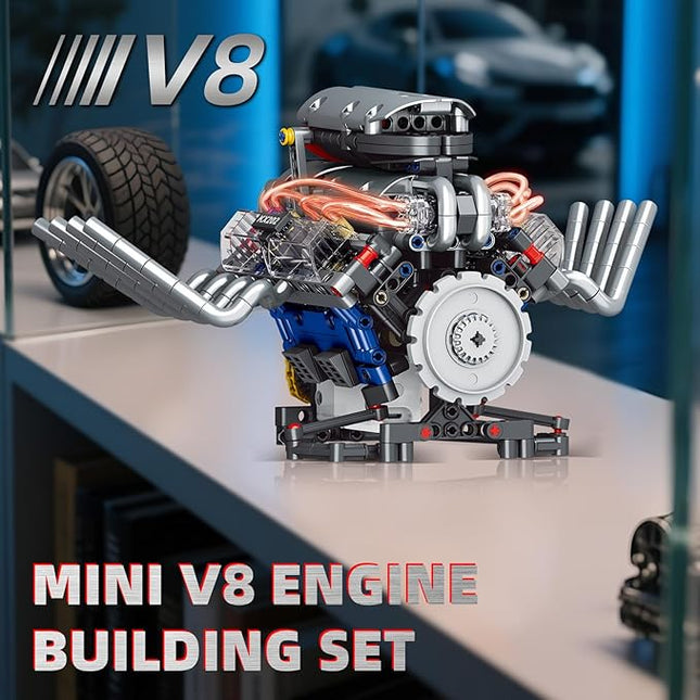 V8 Engine Building Blocks That Run,Mini V8 Car Engine Model Kit with LED Light and App Control,Collectible Set for Adults, Construction Engine Building Set for Kids.(665 Pcs)