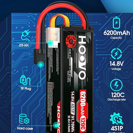 HOOVO 4S Lipo Battery 14.8V 6200mAh 120C RC Car Battery Hard Case with TR Plug Compatible for 1/8 and 1/10 Scale RC Car RC Buggy Truggy Truck Slash 4X4 Crawler Monster RC Hobby 2 Pack