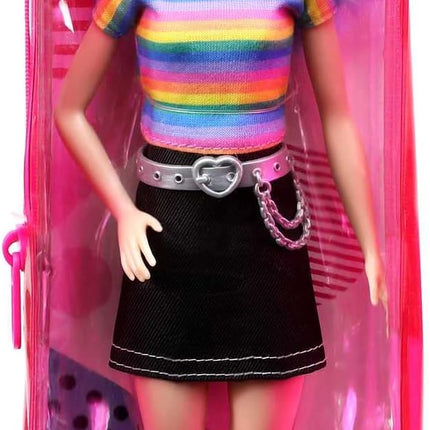 Barbie Fashionistas Doll with Long Blue Crimped Hair, Star Face Makeup, Multi-Color Striped Tee, Denim Skirt, Black Boots & Silvery Chain Belt, Toy for Kids 3 to 8 Years Old