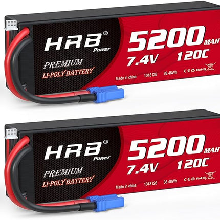 HRB 2packs 2S 5200mAh Lipo Battery with EC5 Plug 7.4V 120C Hardcase RC Lipo Battery Compatible with RC Car Airplane Helicopter Truck Boat