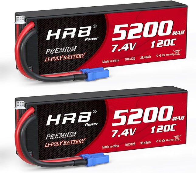 HRB 2packs 2S 5200mAh Lipo Battery with EC5 Plug 7.4V 120C Hardcase RC Lipo Battery Compatible with RC Car Airplane Helicopter Truck Boat