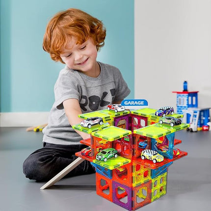 Magnetic Tiles Parking Building Playset with 10 Pull-Back Metal Cars for Kids Construction STEM Toy Preschool Creativity Learning Birthday Gift for Girls Boys Toddlers 3 4 5 6 7 8