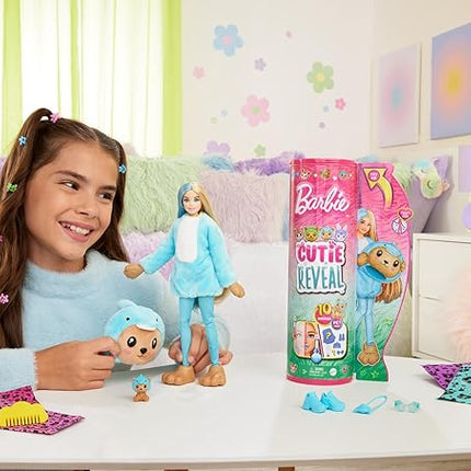 Barbie Cutie Reveal Doll & Accessories with Animal Costume & 10 Surprises Including Color Change, Teddy Bear as Dolphin in Costume-Themed Series