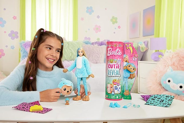 Barbie Cutie Reveal Doll & Accessories with Animal Costume & 10 Surprises Including Color Change, Teddy Bear as Dolphin in Costume-Themed Series