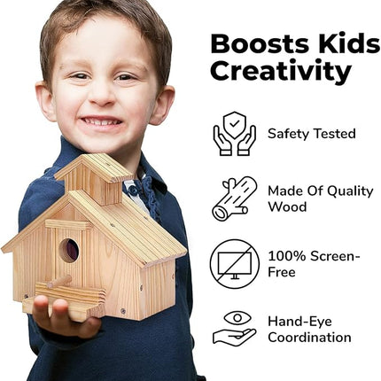 Kraftic Woodworking Building Kit for Kids and Adults, 2 Educational DIY Carpentry Construction Wood Model Kit Toy Projects for Boys and Girls - Build a Wooden Town Hall Birdhouse and Train