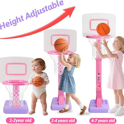 Toddler Girl Basketball Hoop Indoor Pink Adjustable Mini Basketball Goal with Ball Pump for Outdoor Poolside Toys Backyard Game Outside Basketball Toy for Kids Age 1-3 3-5 6 7 4-8 Birthday Gift
