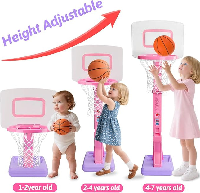 Toddler Girl Basketball Hoop Indoor Pink Adjustable Mini Basketball Goal with Ball Pump for Outdoor Poolside Toys Backyard Game Outside Basketball Toy for Kids Age 1-3 3-5 6 7 4-8 Birthday Gift