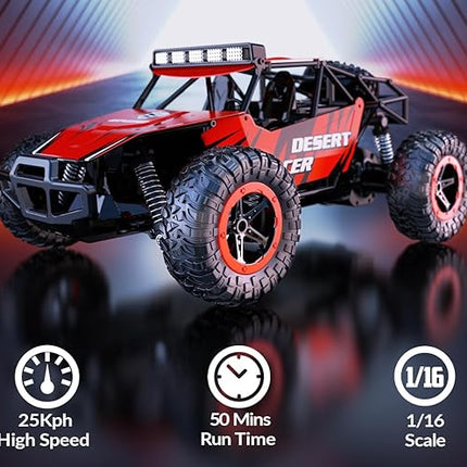 RACENT Remote Control Cars for Boys - 1:16 Scale 20kph Fast RC Truck All Terrain Off-Road Monster Truck Toy for Kids & Adults with 2 Rechargeable Batteries (Red)