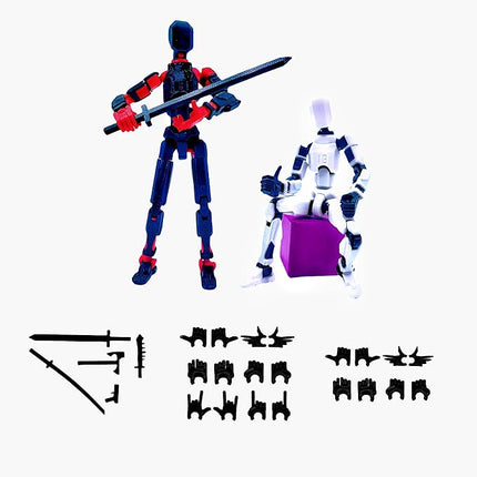 Pre-Assembly 3D Printed 5.54'' Dummy13 Action Figure, Multi-Jointed Tian13, Articulated T13 Desktop Decoration,12 in 1 Accessories, Best Birthday Festival Gift (Black red+White Black)
