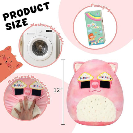 12” Birthday Cat Plush Pillow Happy Birthday Kitten with Sunglasses Pillow Soft Cat Stuffed Animal Cute Kitten Plush Toy Gifts for Kids Girls