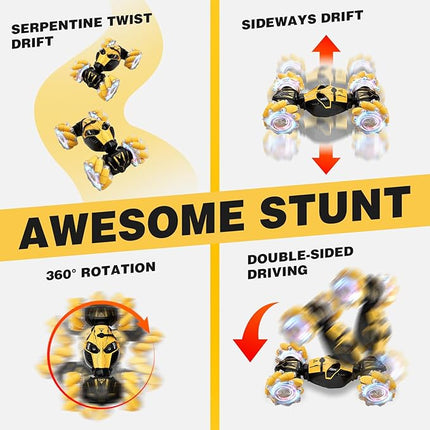 Remote Control Car for Boys 8-12, 4WD Gesture Sensing RC Stunt Car 2.4Ghz with Lights Music Sprayer RC Cars for Boys Age 4-7 8-12 Hand-Controlled Cars Toys Birthday Gifts for Kids Girls Yellow