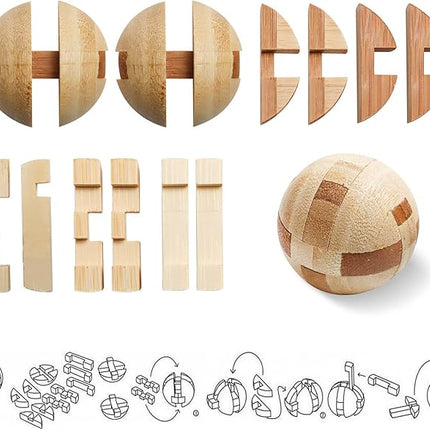 4 Pack Wooden Puzzle Games Brain Teasers Toy- 3D Puzzles for Teens and Adults - Wooden Logic Puzzle Wood Snake Cube Magic Cube Magic Ball Brain Teaser Intellectual Removing Assembling Toy