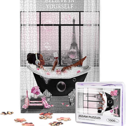 African American Jigsaw Puzzles 1000 Pieces for Adults, Bath Time Drinking Scene, Black Woman Wooden Puzzle for Stress Relief, Challenging Brain Teaser & Home Decor
