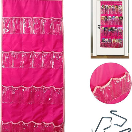 Hanging Over Door Toy Storage Organizer with 24 Clear View Pockets, Ideal for Lol Omg Dolls Barbie Dolls Surprise Doll, Cars and More Collectibles‘s Storage, Best Gift for Girls (Pink)