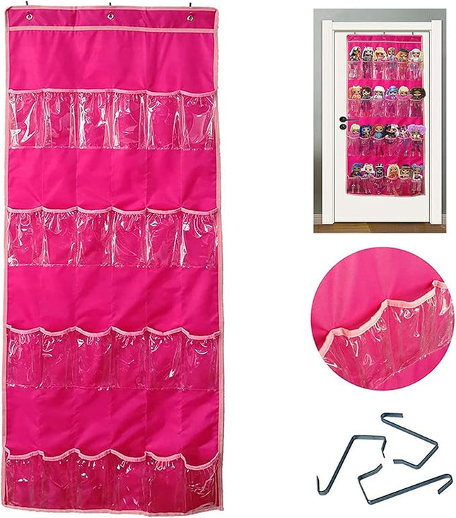Hanging Over Door Toy Storage Organizer with 24 Clear View Pockets, Ideal for Lol Omg Dolls Barbie Dolls Surprise Doll, Cars and More Collectibles‘s Storage, Best Gift for Girls (Pink)
