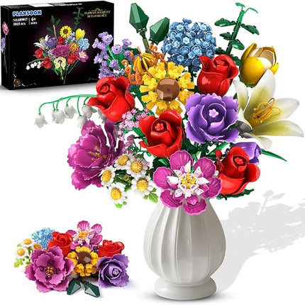Flower Bouquet Building Set, 18 Flowers Rose Building Block, 1065 PCS Botanical Collection Building Block Toy Plant Home Decor, Gift for Her Adults Women Kids Boys Girls 12+