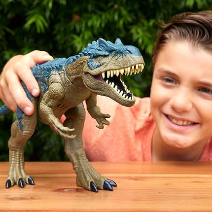 Mattel Jurassic World Ruthless Rampagin Allosaurus Dinosaur Toy, Action Figure with Continuous Chomp Attack & Roar Sounds, Button Activated Evolved Battle Spikes