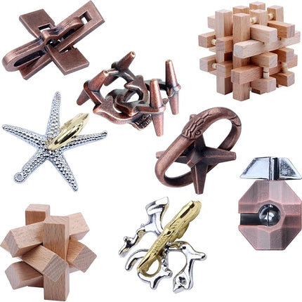 8 Pieces Wooden and Metal Brain Teaser Puzzles 3D Education Toys for Adults and Kids IQ Logic Training Family Game Party Favor Coffee Table Time Unlock Interlock Mind Puzzles Box