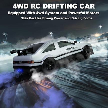 YUZ Remote Control Car RC Drift Car 1/16 Scale 4WD 18KM/H High Speed RC Car 2.4GHz with LED Lights Spray Racing Toy Car for Adults Boys Girls Kids Birthday 2Pcs Rechargeable Batteries, White