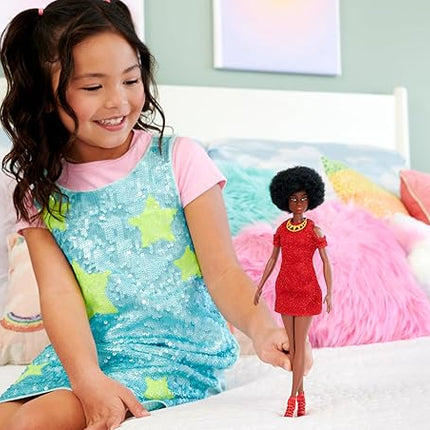Barbie Fashionistas Doll #221 with Natural Black Hair Wearing Removable Red Dress & Accessories, 65th Anniversary Collectible Toy