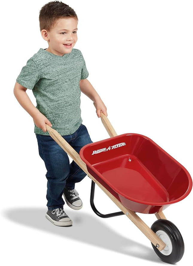 Radio Flyer Classic Kids Wheelbarrow, For Kids 3+, Seamless Steel Tray with No-Scratch Edges, Real Wooden Handles, Durable Front Wheel, Steel Undercarriage, 25 lb Capacity, Garden Toy for Children