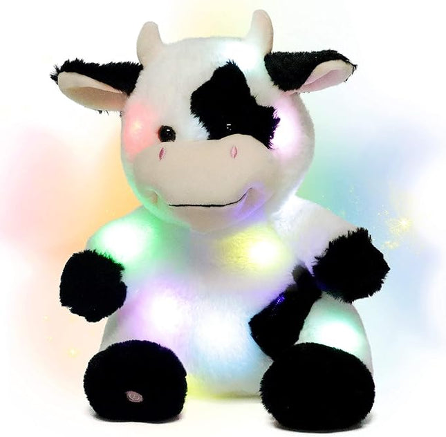 Hopearl LED Plush Cow Lighting Up Stuffed Animal Diary Cattle Floppy Night Lights Glow in The Dark Birthday Festival for Kids Toddler Girls, 13''