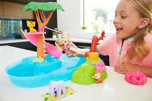 Barbie and Chelsea The Lost Birthday Splashtastic Pool Surprise Playset with Chelsea Doll (6-in), 3 Baby Animals, Slide, Zipline & Accessories, Gift for 3 to 7 Year Olds