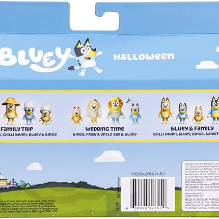 Bluey Figure 4-Packs, Halloween, 2.5" Poseable, Bingo, Chloe & Lucky Dressed in Halloween Costumes, with Accessories, Kids Can Recreate Their Favorite Moments