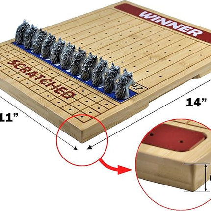 Metal Horse Race Board Game Set with Horse Racing Thick & Solid Wood Game Board, 11 Luxurious & Durable Classic Silver Colored Metal Craft Horses, Dice and Cards for Horseracing (HR-551)