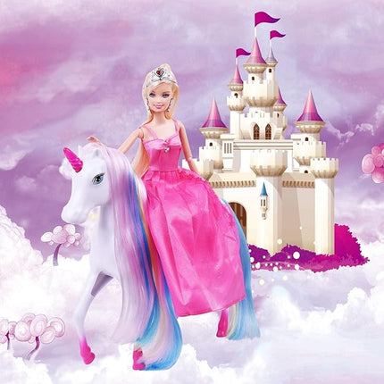 White Unicorn with Magic Light Horn and Fairy Tale Princess Doll 11.5“, W/Comb and Crystal Crown, Girls' Unicorn Doll Toys Gifts, Presents for Girl Kids Aged 3+