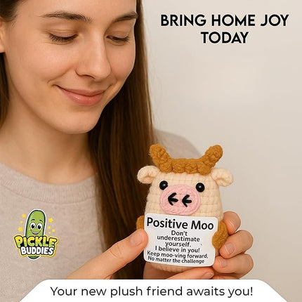Positve Moo - Emotional Support Crochet Dolls Positive Crochet Animals Gifts Emotional Support Plush for Anxiety & Stress Relief Crochet Positive Cow Desk Decor