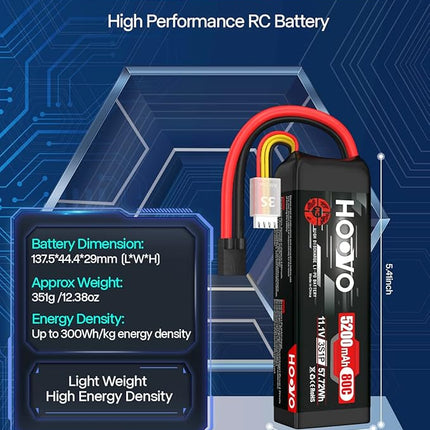 HOOVO 11.1V 80C 5200mAh 3S LiPo Battery with Tracxas Plug for RC Car RC Truck RC Boat Hobby (2 Packs)