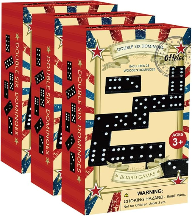 Offelec Wooden 3 Pack Double 6 Domino Set - 28 Tiles Each | Classic Family Table Games for Kids, Adults, and Parties | Perfect for Classroom, Travel, Durable Board Game for Fun Nights