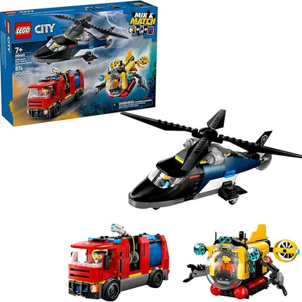 LEGO City Helicopter, Fire Truck & Submarine Remix Kids Toy - 3 Building Toys in 1 for Boys and Girls, Ages 7+ - Gift for Christmas - with 3 Minifigures - 60462