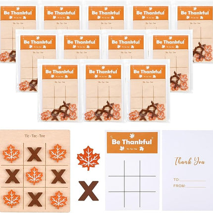 12 Pcs Fall Tic Tac Toe Game, Mini Wooden Tic Tac Toe Strategic Board Game with Maple Leaf, Brown X Pieces, Thanksgiving Cards Included, Ideal for Fall Holiday Party Favor Family Activities