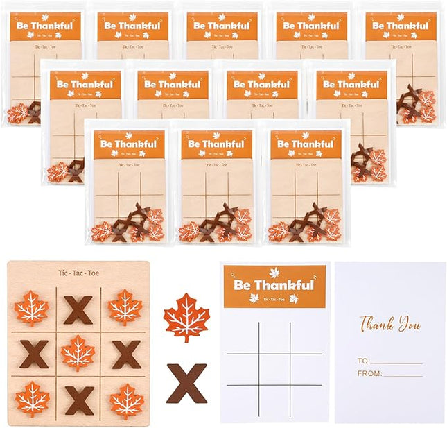 12 Pcs Fall Tic Tac Toe Game, Mini Wooden Tic Tac Toe Strategic Board Game with Maple Leaf, Brown X Pieces, Thanksgiving Cards Included, Ideal for Fall Holiday Party Favor Family Activities