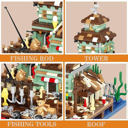 Wooden Fishing Lighthouse House Building Blocks,Village Store Mini Building Blocks Set, Construction Model for Adults Teens Kids Boys Girls 14+