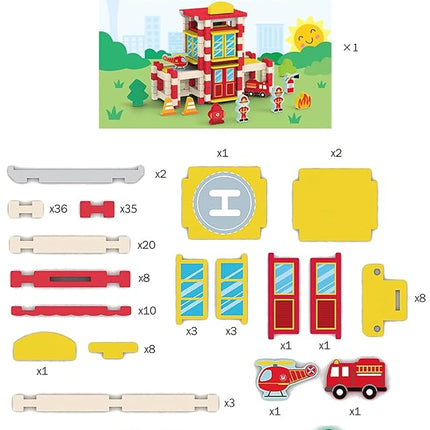 157PCS Wooden Building Blocks Set for Toddlers, Construction City Stacking Toys, Preschool Learning Educational Toys for Kids 3+ Years Girls and Boys (Fire Station)