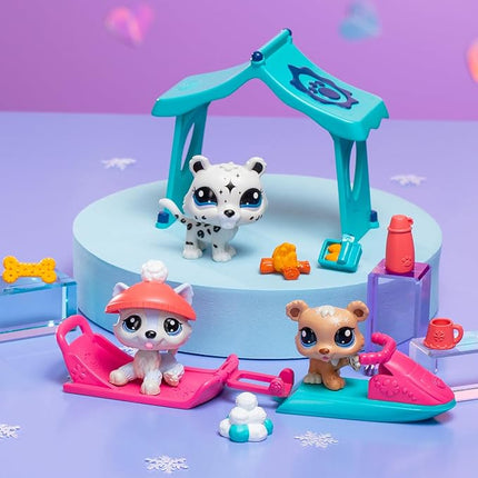 BANDAI Littlest Pet Shop Snow Day Set BF00534 Includes 3 Pets, 3 Accessories, 1 Collector Card, 1 Virtual Code, 1 Snowmobile, 1 Sled, Generation 7 (#107, #108, #109),4 Years+