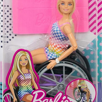 Barbie Doll with Wheelchair and Ramp, Kids Toys and Gifts, Blonde, Barbie Fashionistas, Rainbow Romper, Clothes and Accessories