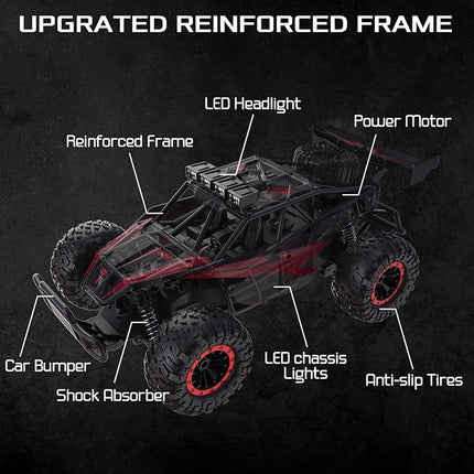 1:16 Scale Remote Control Car, 20 Km/h High Speed Remote Control Truck Off Road RC Monster Vehicle with LED Headlights and Chassis Lights, Electric Toy for Boys Kids and Adults