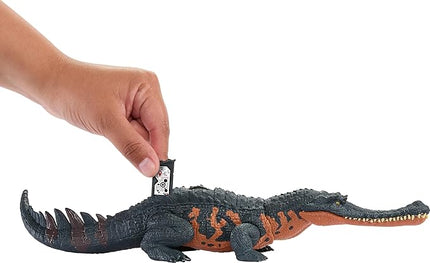Mattel Jurassic World Wild Roar Dinosaur Toy with Sound & Attack Move, Gryposuchus Posable Action Figure Includes Digital Play, 11 inches Long