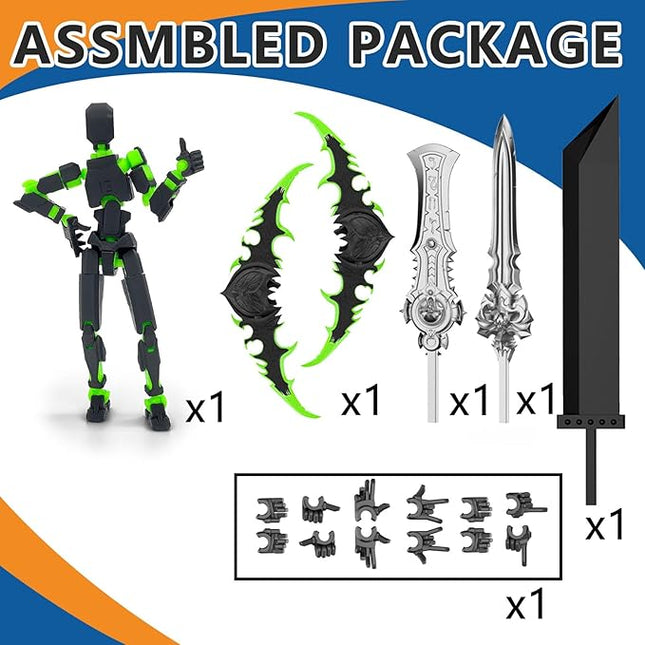 Assembled Titan 13 Action Figure Set, 3D Printed T13 Dummy Action Figure Multi-Jointed Movable Hand, Lucky 13, Desktop Decorations Game Gifts, (Black-Green)